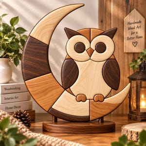 May include: A wooden intarsia art piece featuring a stylized owl perched on a crescent moon. The sculpture is crafted from various shades of light and dark wood, showcasing natural grain patterns. It stands on a circular wooden base.