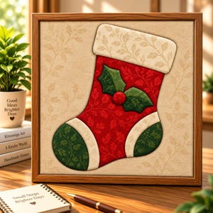 Peut inclure: Une décoration murale carrée encadrée représentant une chaussette de Noël. La chaussette est rouge avec un revers crème, un talon et une pointe verts, ornée d'un motif de feuilles de houx vertes et d'une baie rouge sur fond beige.