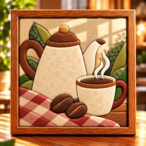 May include: A framed fabric wall art piece featuring a cream-colored teapot and a matching mug with steaming dark coffee. The scene includes two brown coffee beans, green leaves, and a red and white checkered cloth, all set in a wooden frame.