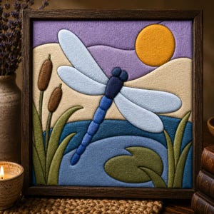 Könnte beinhalten: Ein quadratisches Wandbild mit einer Applikation aus Filz, die eine blaue Libelle über einem Teich zeigt. Das Motiv umfasst eine gelbe Sonne, einen violetten Himmel, beige Hügel, braune Rohrkolben, grünes Gras und ein grünes Seerosenblatt im Holzrahmen.