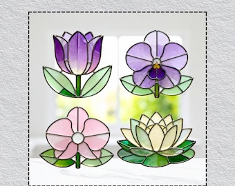 Flower Suncatcher Stained Glass Pattern Bundle, Tulip Violet Water Lily Hyacinth, Digital Download