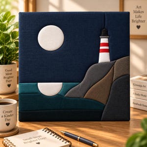 May include: A square fabric wall art piece featuring a dark blue night sky with a white circular moon, a white and red striped lighthouse on a rocky cliff, and a dark teal ocean with a white reflection of the moon on the water surface.