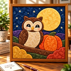 Può includere: Un'opera d'arte in tessuto con cornice quadrata raffigurante un gufo marrone con piume del petto color crema appollaiato su un ramo accanto a una grande zucca arancione. Lo sfondo è un cielo notturno blu scuro con una luna piena gialla e stelle.