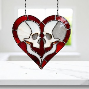 Skull Couple in Heart Stained Glass Pattern, Gothic Love Suncatcher, DIY Glass Art Download