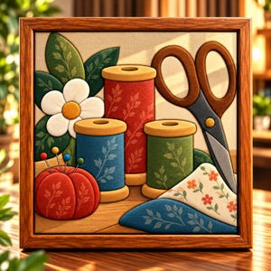 May include: A framed wall art piece featuring a sewing theme with three spools of thread in red, blue, and green, a red tomato pincushion with pins, a white flower, green leaves, a pair of scissors, and fabric scraps with floral patterns.