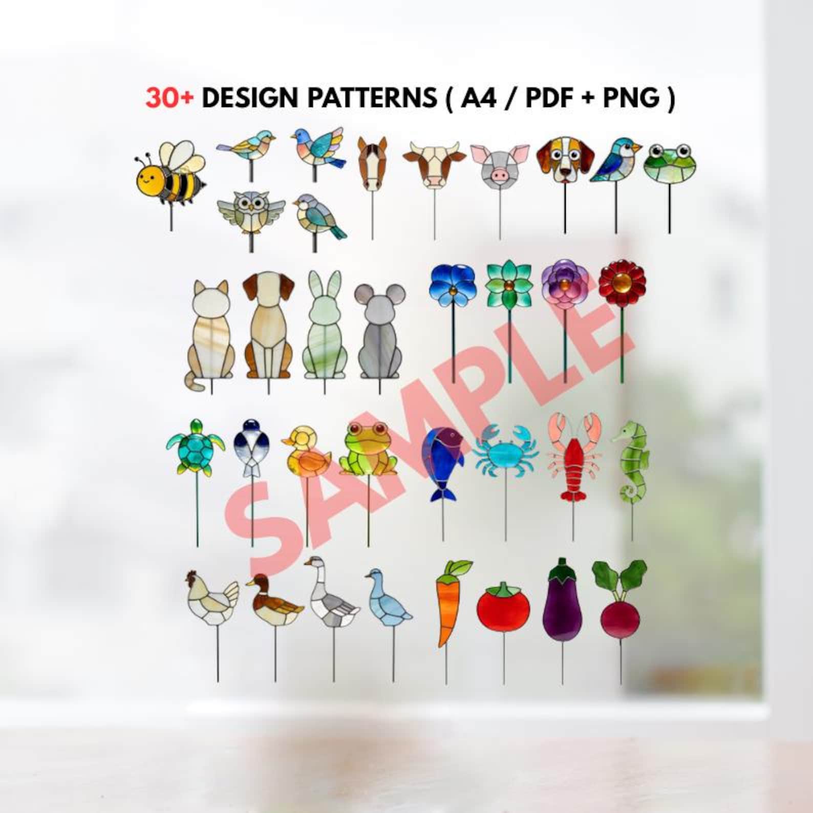 Staked Pattern 30+ Stained Glass Plant Stake Patterns – Garden Suncatcher DIY Bundle ...