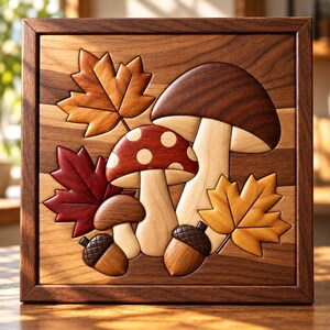 May include: A square wooden wall art piece featuring an intricate marquetry design of three mushrooms, two acorns, and three maple leaves in varying shades of brown, red, and tan, all enclosed within a dark brown wooden frame with a visible grain.