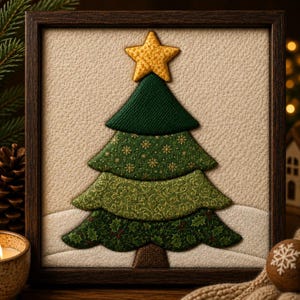 Puede incluir: Una pieza de arte mural de tela enmarcada que presenta un diseño de árbol de Navidad en capas. El árbol tiene una estrella amarilla en la punta y cuatro niveles de tela verde con varios patrones, incluyendo copos de nieve y acebo, sobre un fondo crema.