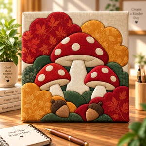 Puede incluir: Una pieza de arte mural cuadrada de tela con un diseño texturizado y en capas de tres setas rojas con puntos blancos, dos bellotas marrones y follaje estilizado en tonos rojos, naranjas y verdes, con una estética similar al acolchado.