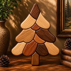 Peut inclure: Une sculpture décorative en bois en forme de sapin de Noël, composée de segments imbriqués dans des tons variés de bois clair, moyen et foncé. L'arbre présente un design à branches arrondies et étagées avec une finition lisse et une base rectangulaire.
