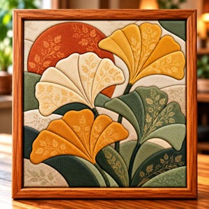 May include: A square framed wall art piece featuring a layered fabric collage of ginkgo leaves in shades of mustard yellow, cream, and sage green. The design includes a large burnt orange circular background element with delicate leaf patterns.