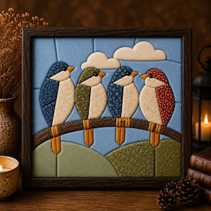 Puede incluir: Una pieza de arte mural de tela enmarcada que muestra cuatro pájaros estilizados posados en una rama curva sobre un cielo azul claro con dos nubes color crema. Los pájaros están hechos de tela estampada en tonos azul, verde y rojo.