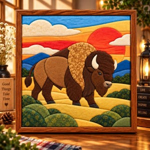 May include: A framed fabric wall art piece featuring a layered textile collage of a brown bison standing in a landscape. The scene includes rolling green hills, blue mountains, and a vibrant sunset with a large red sun and white clouds.