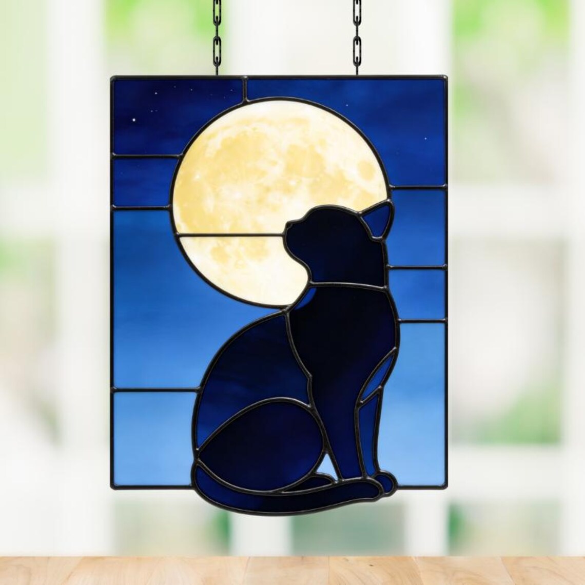 Black Cat and Moon Stained Glass Pattern, Night Sky Suncatcher, Gothic ...