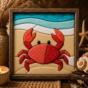 Könnte beinhalten: Ein quadratisches Wandbild mit einem aus Stoff gefertigten Krebs auf einem Sandstrand mit blauen Meereswellen. Der Krebs besteht aus rotem Stoff mit Muster und hat zwei schwarze Perlenaugen, platziert vor einem beigen Hintergrund mit türkisfarbenem Wasser.