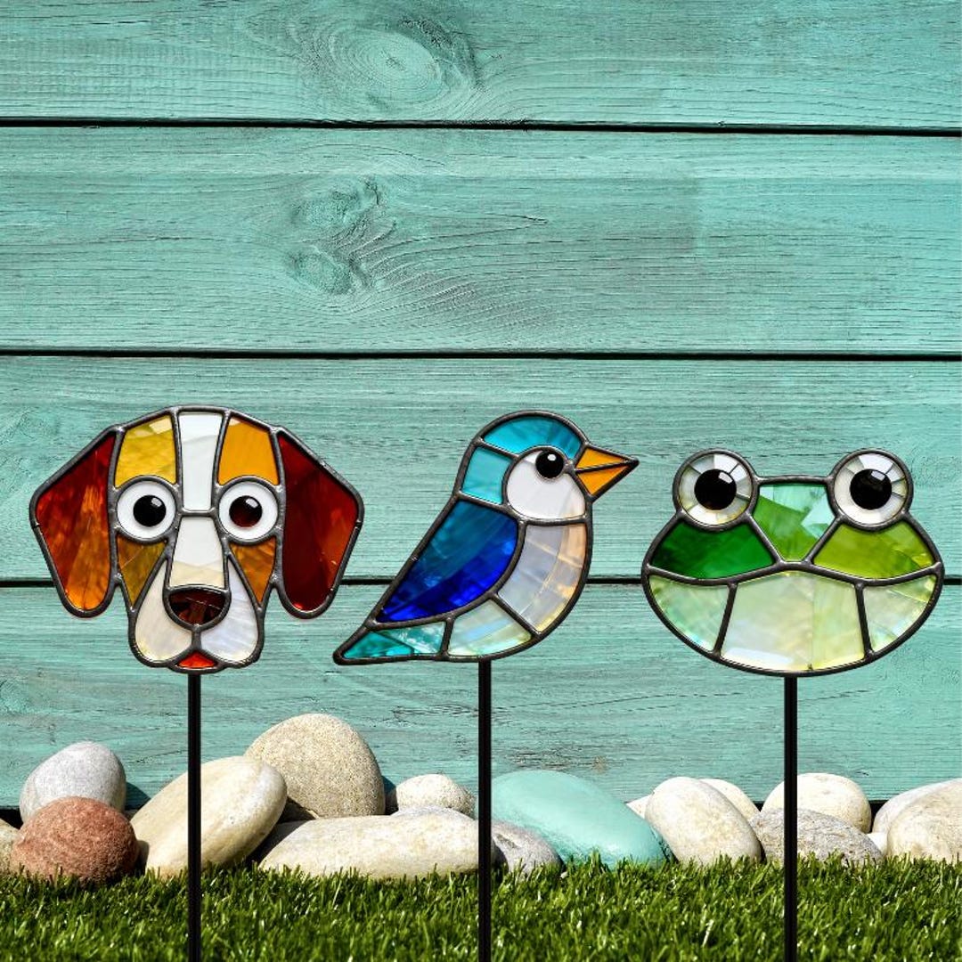 Staked Pattern Stained Glass Plant Stake Pattern Set With Dog Bird and Frog, Garden ...