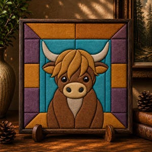 Pode incluir: Uma peça de arte de parede quadrada emoldurada com uma ilustração de vaca Highland com textura de tecido. A vaca tem pelo castanho, chifres bege claro e focinho creme, centrada num fundo azul-petróleo. A borda consiste em quadrados roxos e dourados.
