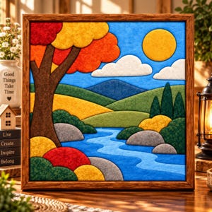 Op de afbeelding: Een vierkant ingelijst wandkunstwerk met een landschap van gelaagd vilt. De scène toont een bruine boom met rood en oranje gebladerte, een kronkelende blauwe rivier, groene heuvels, grijze rotsen, witte wolken en een heldere gele zon in een blauwe lucht.