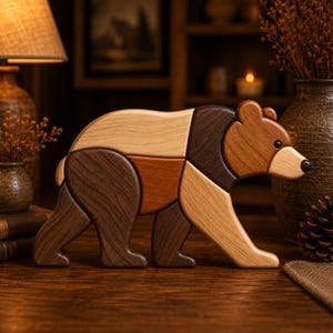 Plantilla de oso con patrón de intarsia en madera / Plantilla para sierra de calar PDF PNG SVG