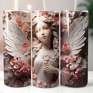 May include: A white angel with pink wings and a floral crown, surrounded by pink and white flowers. The angel is depicted in a realistic style with a soft, feminine expression. The background is a dark brown color.