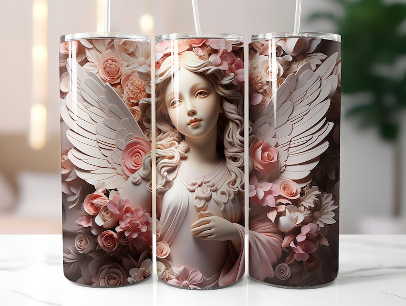 May include: A white angel with pink wings and a floral crown, surrounded by pink and white flowers. The angel is depicted in a realistic style with a soft, feminine expression. The background is a dark brown color.