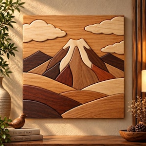 May include: A square wooden wall art piece featuring a multi-tonal mountain landscape. The design uses various wood grains and shades of brown, tan, and cream to depict a central peak, rolling hills, and stylized clouds against a flat background.