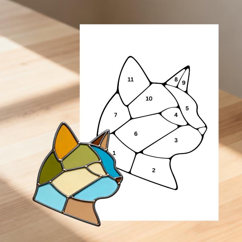 Cat Face Suncatcher Stained Glass Pattern, DIY Home Decor (digital ...