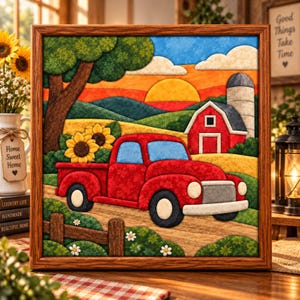 May include: A framed fabric wall art piece depicting a rural landscape with a red pickup truck on a dirt path, a red barn, a silo, green hills, and a sunset sky. The scene includes sunflowers, a wooden fence, and a large tree in a brown frame.