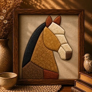 May include: A square framed wall art piece featuring a stylized horse head profile constructed from fabric patches in shades of brown, tan, cream, and black. The horse design is set against a textured beige fabric background within a dark wood frame.
