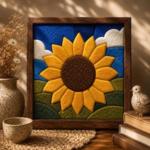 May include: A square framed felt wall art piece featuring a large yellow sunflower with a dark brown center, set against a blue sky with white clouds and rolling green hills. The artwork is encased in a dark brown wooden frame.