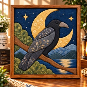 Könnte beinhalten: Ein quadratisches Wandbild aus Stoff in einem Holzrahmen zeigt einen dunkelblauen Nachthimmel mit gelbem Halbmond und Sternen. Eine schwarze Krähe mit floral gemusterten Flügeln sitzt auf einem braunen Ast über grünen Bäumen.