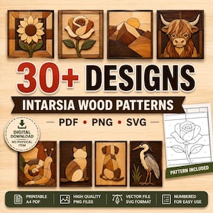 Op de afbeelding: Een verzameling van 30+ intarsia houtpatronen met ontwerpen van een zonnebloem, roos, berglandschap, hooglandrund, slak, kat, hond en reiger. De digitale download bevat PDF-, PNG- en SVG-bestanden met genummerde patronen.
