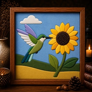 Hummingbird Sunflower Kinusaiga Pattern, No-Sew Fabric Art (Digital Download)