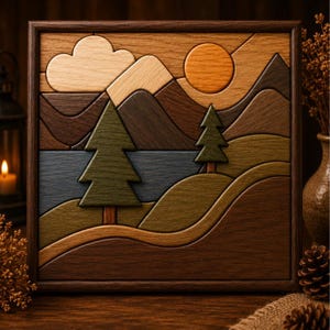 May include: A square wooden wall art piece featuring a landscape scene composed of interlocking wood segments. The design depicts mountains, a sun, a cloud, rolling hills, and two evergreen trees in shades of brown, green, blue, and tan.