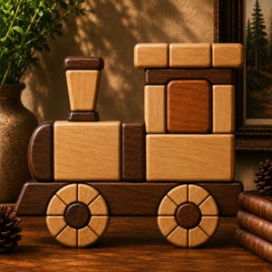 Puede incluir: Un tren de juguete construido con bloques de madera pulida y lisa en tonos marrones claros y oscuros contrastantes. La locomotora cuenta con una chimenea, una cabina rectangular y dos ruedas circulares con detalles segmentados, todo en madera.