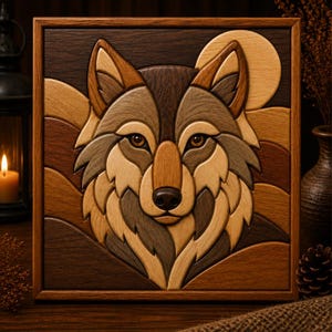 May include: A square wooden wall art piece featuring an intricate marquetry design of a wolf head. The artwork uses various shades of natural wood grain, ranging from light tan to dark brown, to create the wolf's facial features and a full moon.