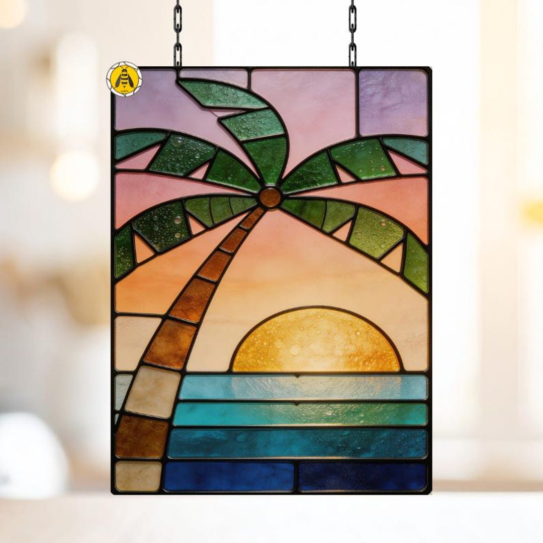 Tropical Palm Tree Sunset Stained Glass Suncatcher Pattern, Beach Ocean ...