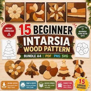 May include: A digital collection of 15 beginner intarsia wood patterns featuring various geometric and nature-inspired designs. The bundle includes PDF, PNG, and SVG file formats for A4 printing, showcasing finished wooden art examples and line drawings.