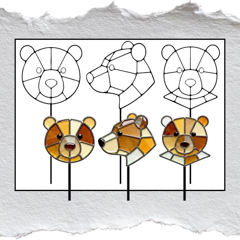 Bear Head Stained Glass Pattern Bundle, 3 Garden Plant Stake Designs ...