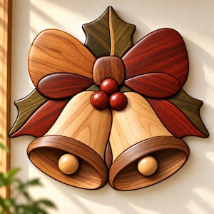 May include: A wooden wall decoration featuring two light-toned bells with dark rims, centered beneath three smooth red spheres. The design includes a large bow with reddish-brown and light brown segments, framed by dark green holly leaves.