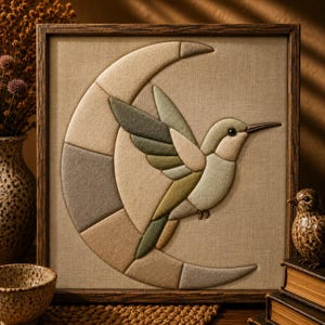 Kinusaiga-mönster med kolibri och måne, tygkonst utan sömnad, nybörjarpyssel PDF PNG SVG