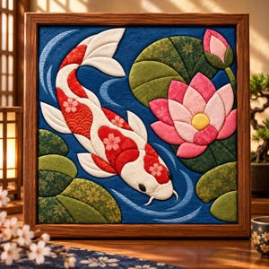 May include: A square framed fabric wall art piece featuring a white and red koi fish swimming in deep blue water. The scene includes green lily pads with gold patterns and a large pink lotus flower with a yellow center, all rendered in fabric.