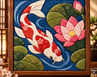 May include: A square framed fabric wall art piece featuring a white and red koi fish swimming in deep blue water. The scene includes green lily pads with gold patterns and a large pink lotus flower with a yellow center, all rendered in fabric.
