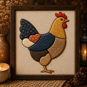 Könnte beinhalten: Ein quadratisches gerahmtes Wandbild mit einer Stoffapplikation in Form eines Huhns. Das Huhn besteht aus verschiedenen gemusterten Stoffstücken in Blau-, Beige-, Braun- und Orangetönen, mit einem roten Kamm und Kehllappen auf cremefarbenem Grund.
