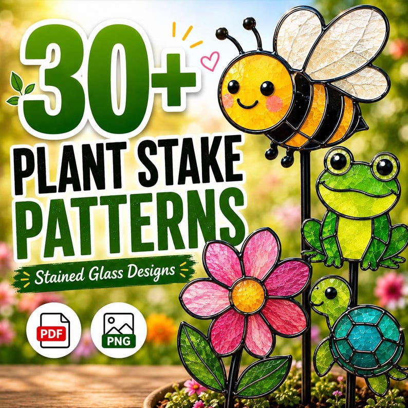 Staked Pattern 30+ Stained Glass Plant Stake Patterns – Garden Suncatcher DIY Bundle ...