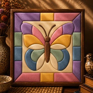 May include: A square wall art piece featuring a central butterfly motif composed of padded, fabric-covered segments in shades of purple, pink, yellow, and blue, framed by a dark wood border with a geometric patchwork pattern in matching colors.