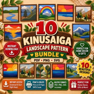 Pode incluir: Um pacote digital de 10 padrões de paisagem Kinusaiga com arte colorida em estilo de tecido. O texto diz 10 KINUSAIGA LANDSCAPE PATTERN BUNDLE, PDF PNG SVG, INSTANT DOWNLOAD e 10 BEAUTIFUL DESIGNS, apresentado com várias cenas da natureza.