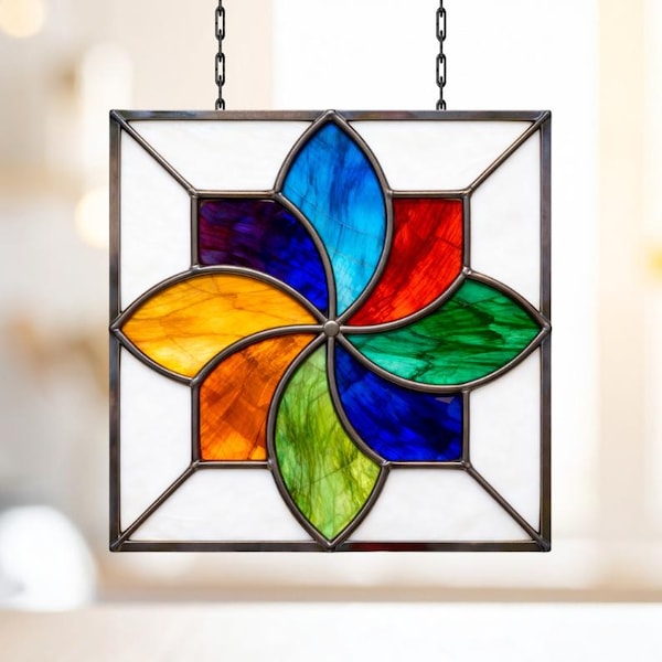 Rainbow Geometric Stained Glass Pattern, Modern Abstract Suncatcher Panel, Digital Download