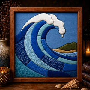 May include: A square framed textile art piece featuring a stylised ocean wave composed of various blue fabric patches with diverse textures and patterns. The crest of the wave is white, and the background includes a green hill and a sandy beach.