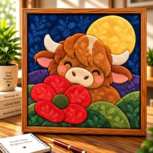 Könnte beinhalten: Ein gerahmtes Wandbild mit einer texturierten Illustration eines braunen Hochlandrindes mit weißen Hörnern, das hinter einer großen roten Blume lächelt. Der Hintergrund zeigt einen gelben Mond, einen dunkelblauen Himmel und grüne Hügel.